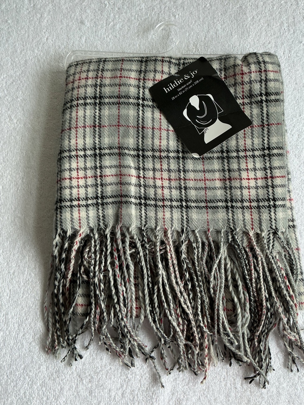 hildie & jo Plaid Fringe Scarf in Cream, Black & Red